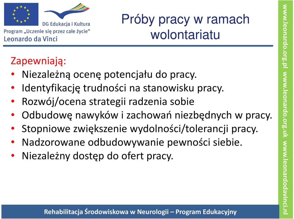 Rozwój/ocena strategii radzenia sobie Odbudowę nawyków i zachowań niezbędnych w pracy.