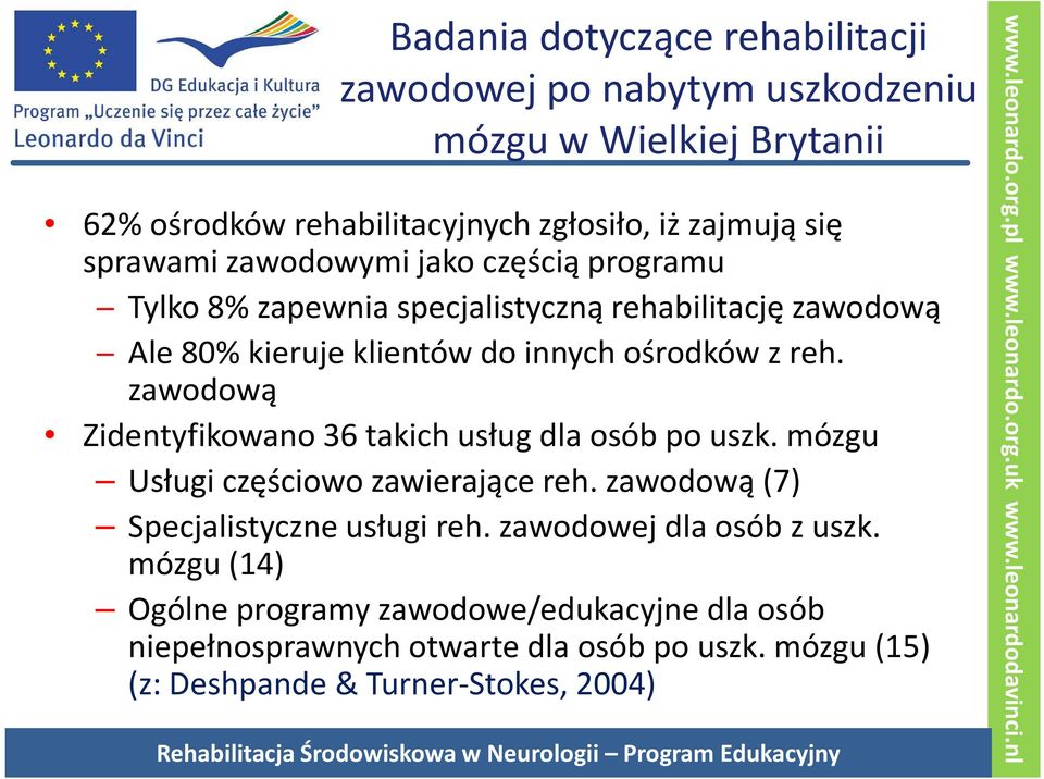 zawodową Zidentyfikowano 36 takich usług dla osób po uszk. mózgu Usługi częściowo zawierające reh. zawodową (7) Specjalistyczne usługi reh.