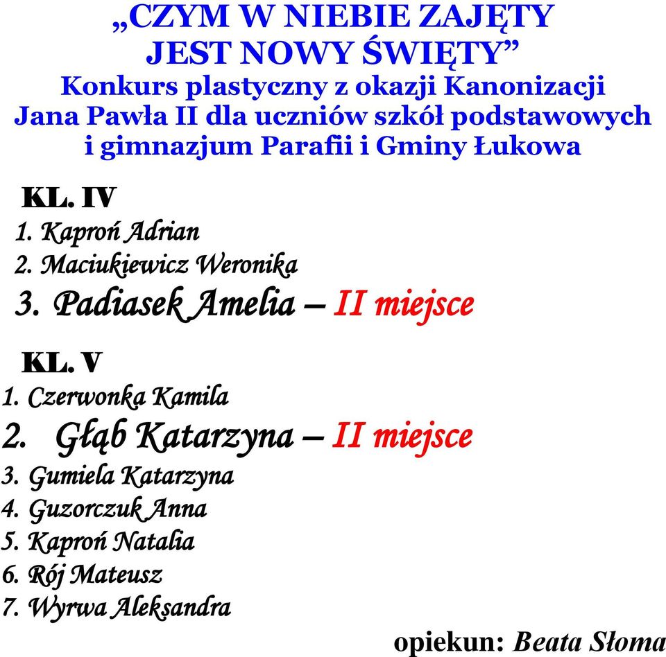 Maciukiewicz Weronika 3. Padiasek Amelia II miejsce KL. V 1. Czerwonka Kamila 2.