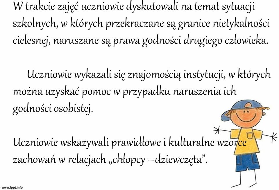 Uczniowie wykazali się znajomością instytucji, w których można uzyskać pomoc w przypadku