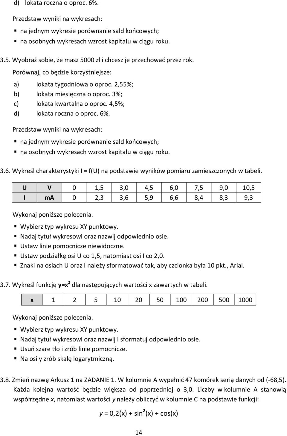4,5%; d) lokata roczna o oproc. 6%. Przedstaw wyniki na wykresach: na jednym wykresie porównanie sald końcowych; na osobnych wykresach wzrost kapitału w ciągu roku. 3.6. Wykreśl charakterystyki I = f(u) na podstawie wyników pomiaru zamieszczonych w tabeli.