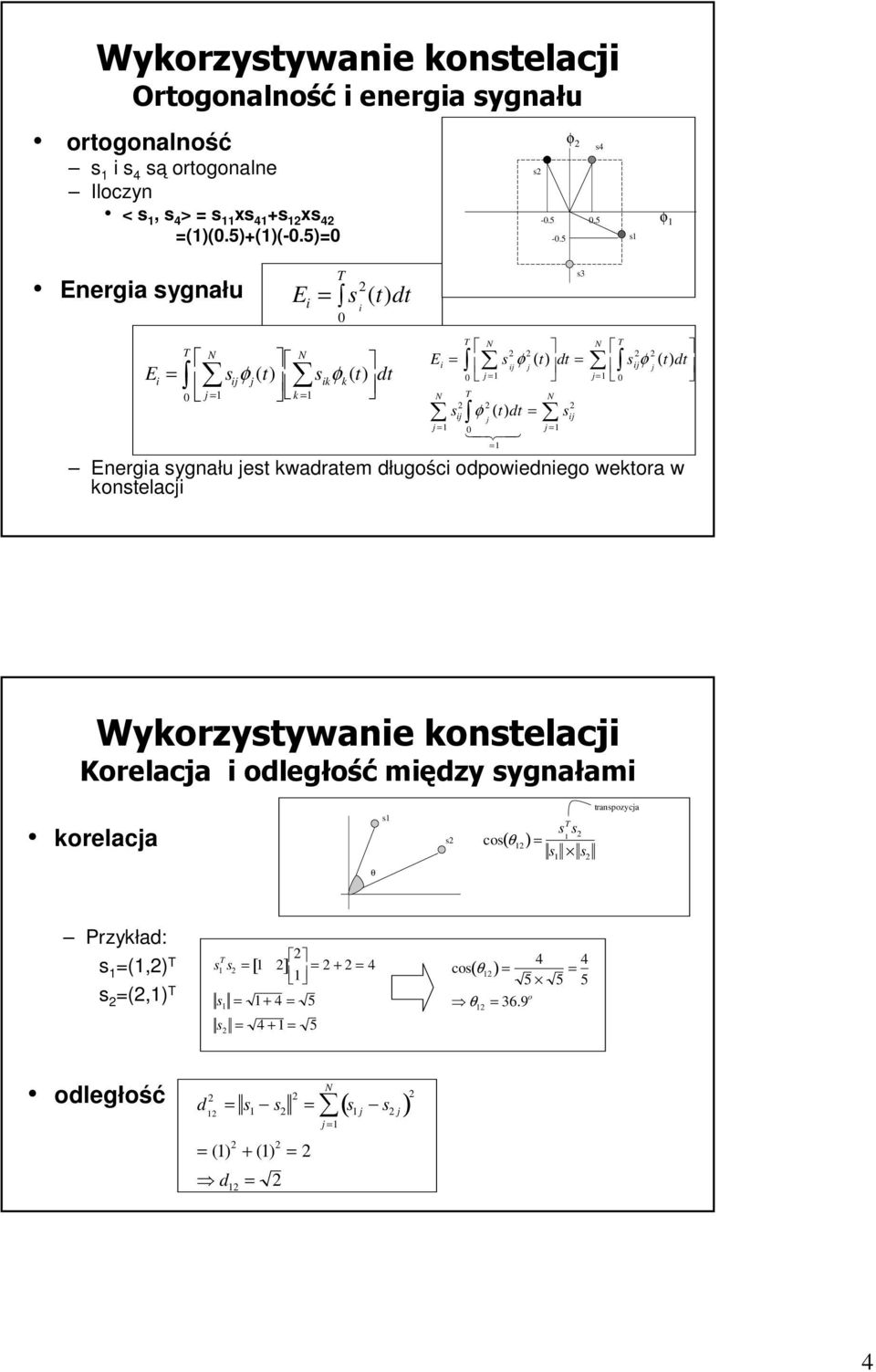 s ij j =1 10 j =1 42 43 Energia sygnału jest kwadratem długości odpowiedniego wektora w konstelacji =1 s3 Wykorzystywanie konstelacji Korelacja i odległość między sygnałami korelacja θ s1 s2 cos( θ