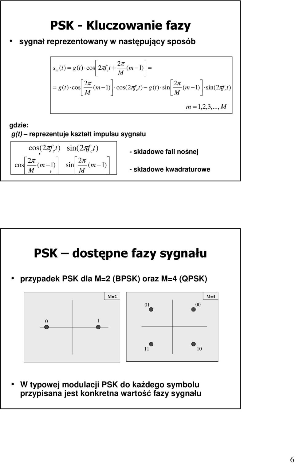 .., M, - składowe fali nośnej 2π 2π cos ( m 1), sin M ( m 1) M - składowe kwadraturowe PSK dostępne fazy sygnału przypadek PSK dla M=2