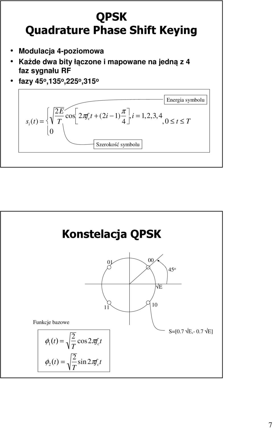 π,i = 1,2,3,4 4, 0 t T 0 Szerokość symbolu Energia symbolu Konstelacja QPSK 01 00 45 o E