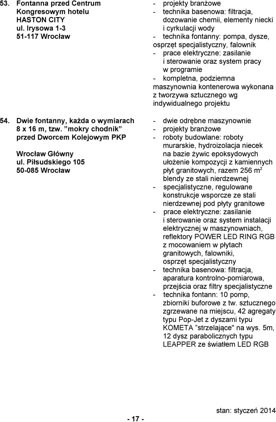 Piłsudskiego 105 50-085 Wrocław dozowanie chemii, i cyrkulacji wody - technika fontanny: pompa, dysze, osprzęt specjalistyczny, falownik i sterowanie oraz system pracy w programie - kompletna,