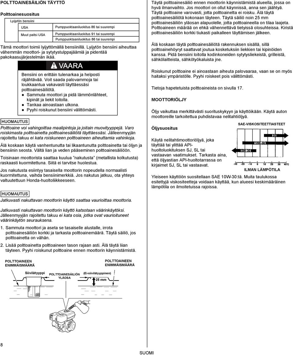 Bensiini on erittäin tulenarkaa ja helposti räjähtävää. Voit saada palovammoja tai loukkaantua vakavasti täyttäessäsi polttoainesäiliötä.
