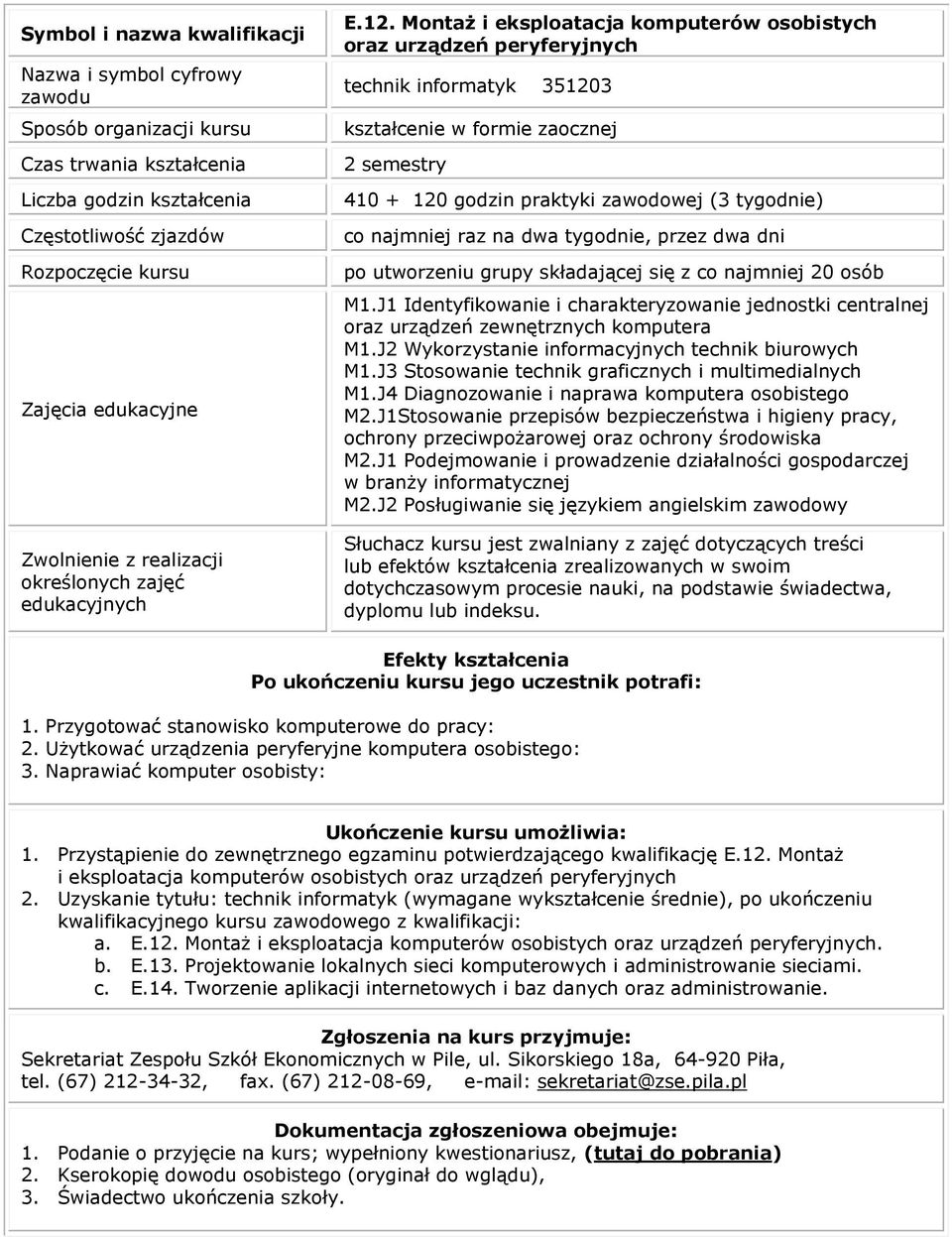 J3 Stosowanie technik graficznych i multimedialnych M1.J4 Diagnozowanie i naprawa komputera osobistego M2.