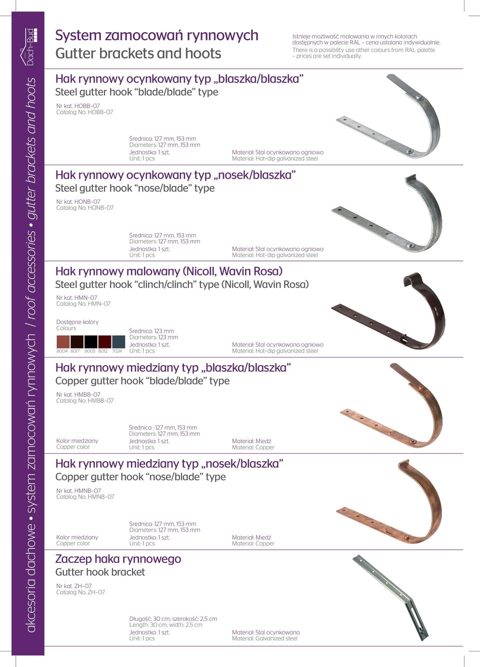 HONB 07 Hak rynnowy miedziany typ blaszka/blaszka Copper gutter hook blade/blade type Nr kat. HMBB 07 Catalog No.