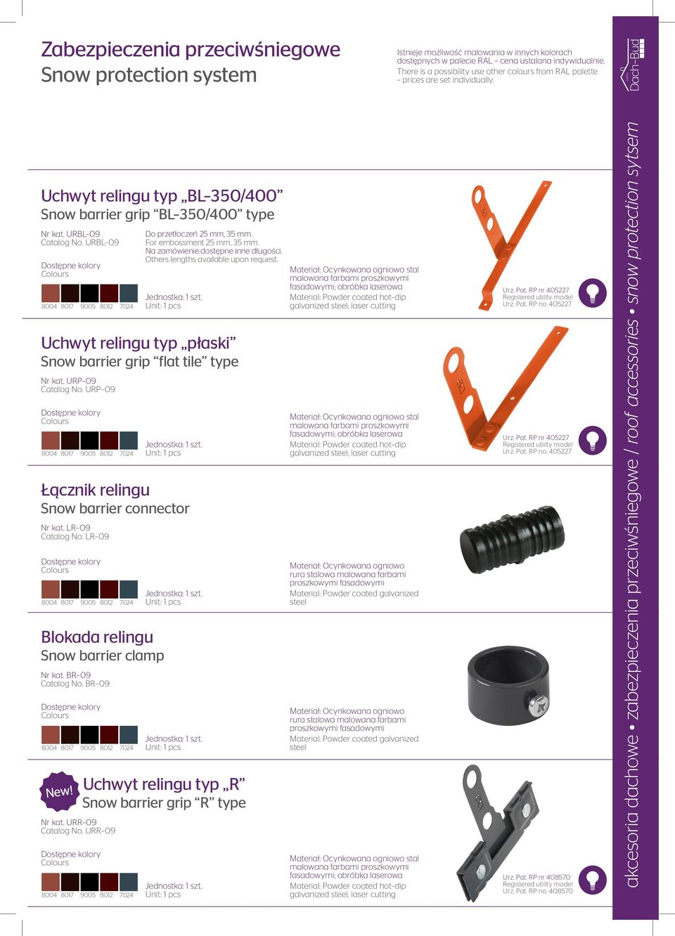 URBL 09 Uchwyt relingu typ płaski Snow barrier grip flat tile type Łącznik relingu Snow barrier connector Blokada relingu Snow barrier clamp Nr kat. URP 09 Catalog No. URP 09 Nr kat. LR 09 Catalog No.