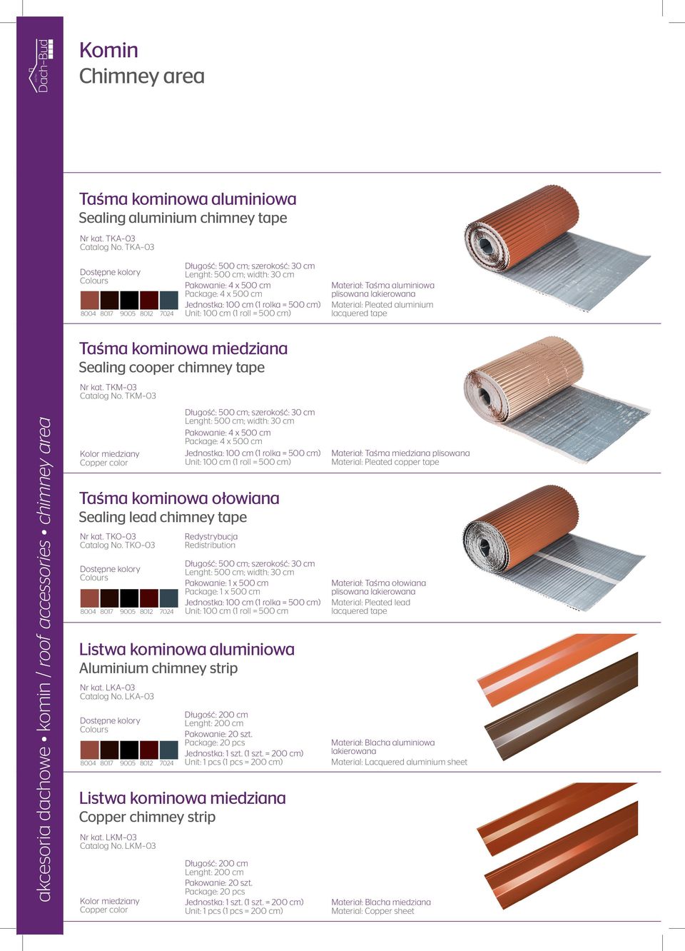 aluminiowa plisowana lakierowana Material: Pleated aluminium lacquered tape akcesoria dachowe komin / roof accessories chimney area Taśma kominowa miedziana Sealing cooper chimney tape Nr kat.