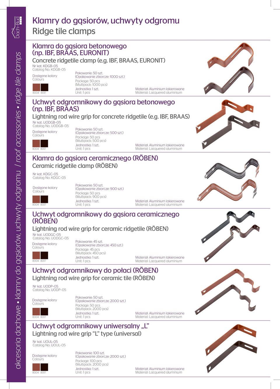 IBF, BRAAS) Lightning rod wire grip for concrete ridgetile (e.g. IBF, BRAAS) Nr kat. UODGB 05 Catalog No. UODGB 05 Klamra do gąsiora ceramicznego (RÖBEN) Ceramic ridgetile clamp (RÖBEN) Nr kat.