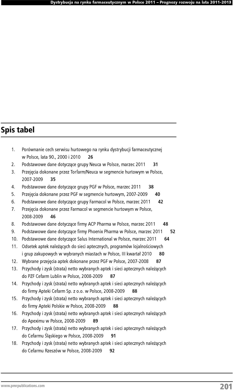 w Polsce, marzec 2011 38 Przejęcia dokonane przez PGF w segmencie hurtowym, 2007-2009 40 Podstawowe dane dotyczące grupy Farmacol w Polsce, marzec 2011 42 Przejęcia dokonane przez Farmacol w