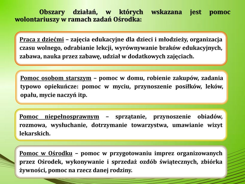 Pomoc osobom starszym pomoc w domu, robienie zakupów, zadania typowo opiekuńcze: pomoc w myciu, przynoszenie posiłków, leków, opału, mycie naczyń itp.