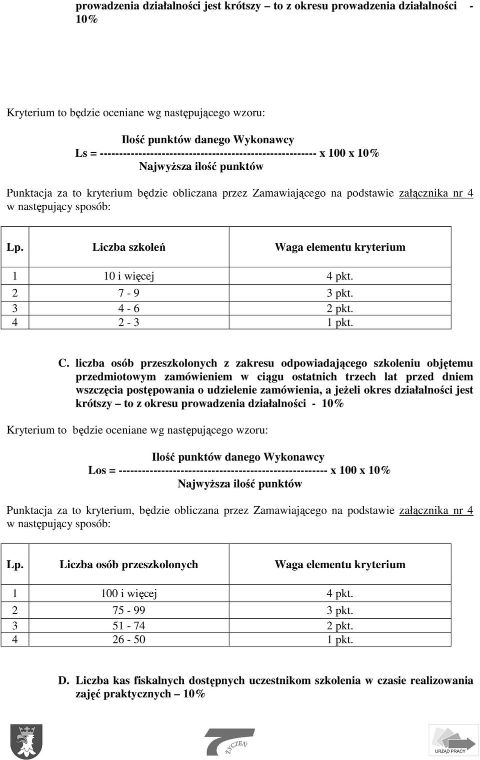 sposób: Lp. Liczba szkoleń Waga elementu kryterium 1 10 i więcej 4 pkt. 2 7-9 3 pkt. 3 4-6 2 pkt. 4 2-3 1 pkt. C.