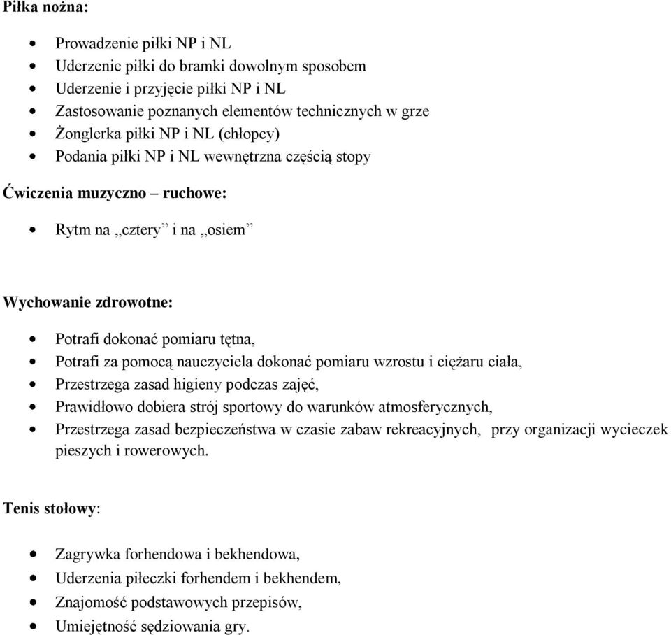 dokonać pomiaru wzrostu i ciężaru ciała, Przestrzega zasad higieny podczas zajęć, Prawidłowo dobiera strój sportowy do warunków atmosferycznych, Przestrzega zasad bezpieczeństwa w czasie zabaw