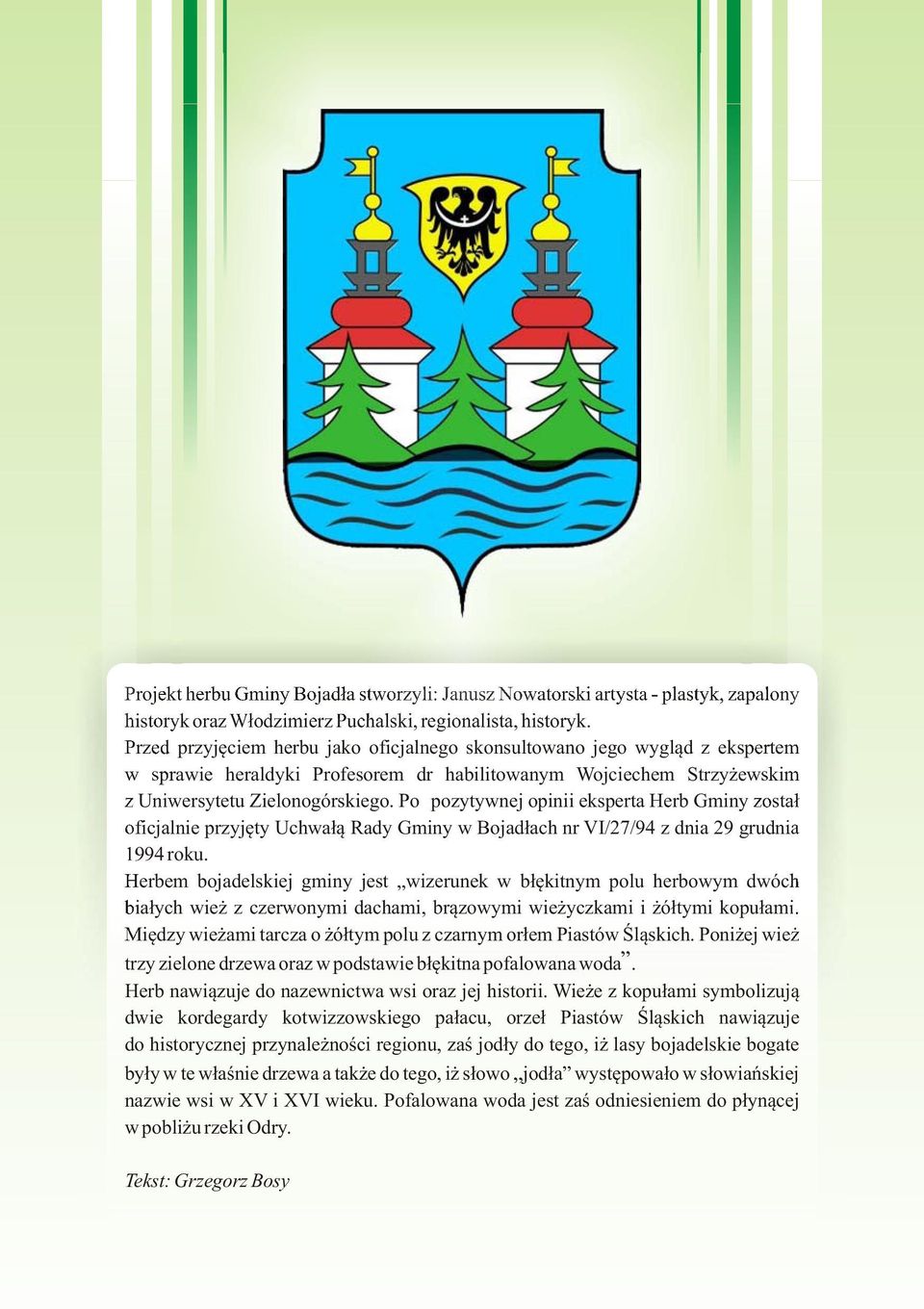 Po pozytywnej opinii eksperta Herb Gminy został oficjalnie przyjęty Uchwałą Rady Gminy w Bojadłach nr VI/27/94 z dnia 29 grudnia 1994 roku.