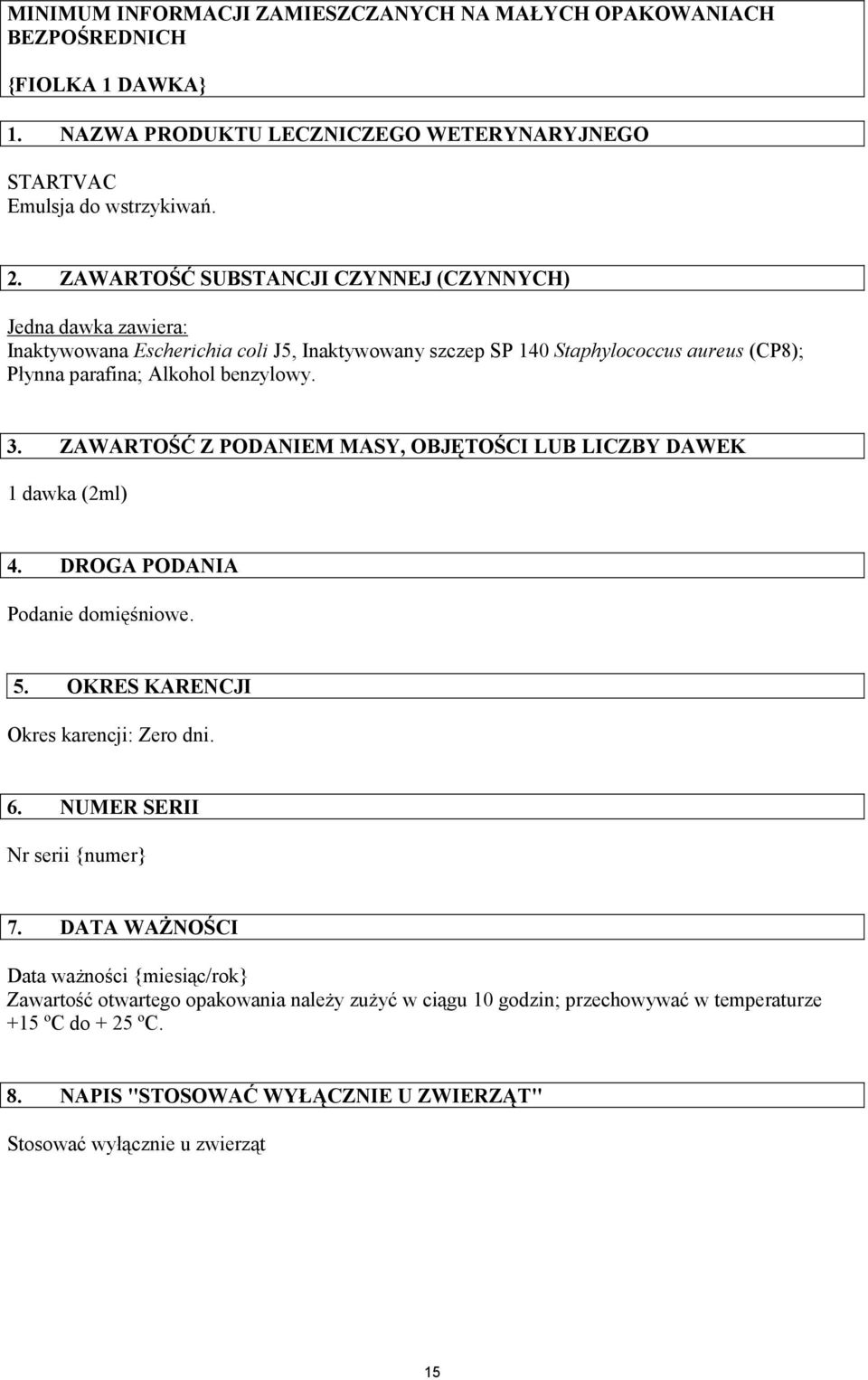 ZAWARTOŚĆ Z PODANIEM MASY, OBJĘTOŚCI LUB LICZBY DAWEK 1 dawka (2ml) 4. DROGA PODANIA Podanie domięśniowe. 5. OKRES KARENCJI Okres karencji: Zero dni. 6. NUMER SERII Nr serii {numer} 7.