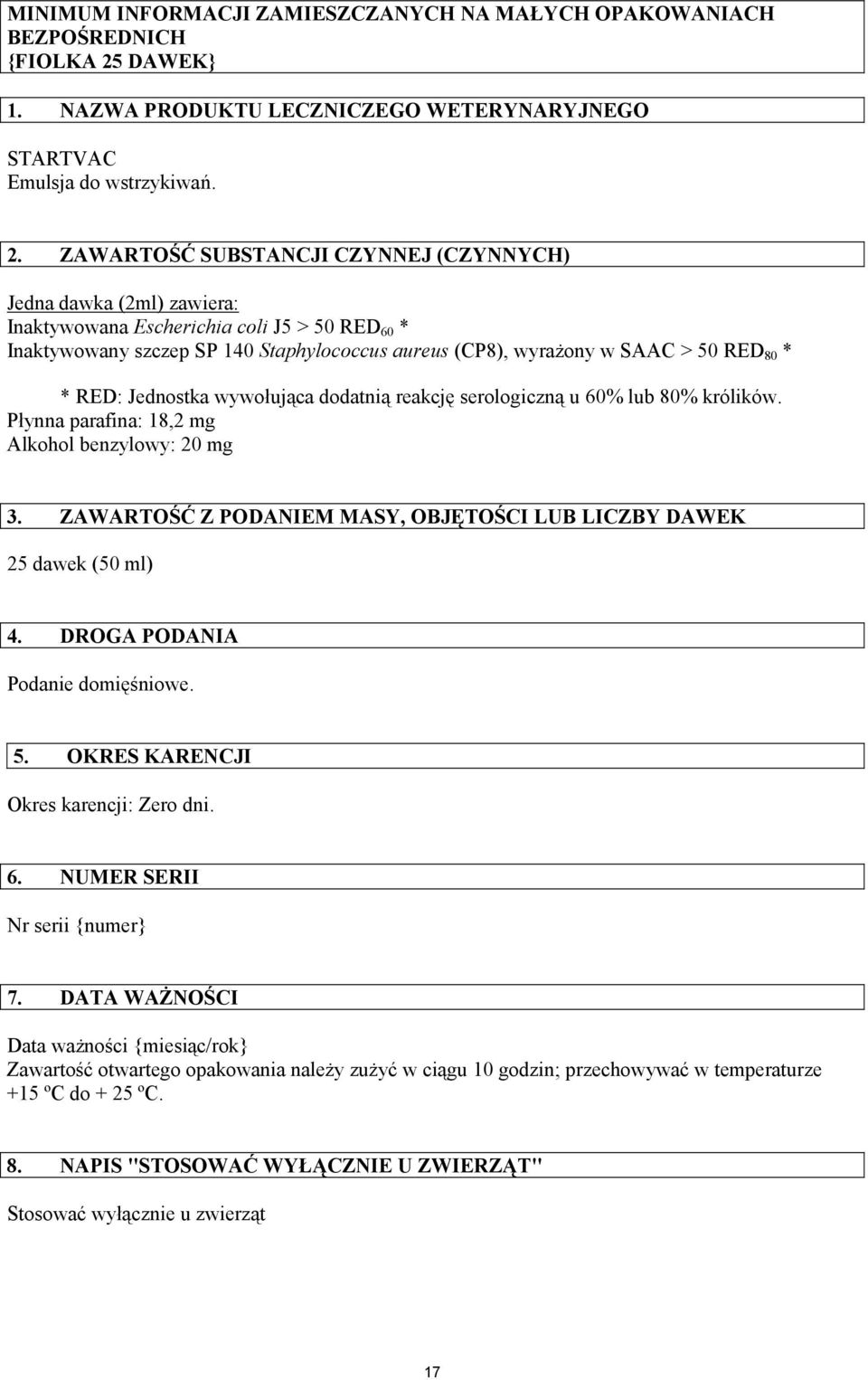 ZAWARTOŚĆ SUBSTANCJI CZYNNEJ (CZYNNYCH) Jedna dawka (2ml) zawiera: Inaktywowana Escherichia coli J5 > 50 RED 60 * Inaktywowany szczep SP 140 Staphylococcus aureus (CP8), wyrażony w SAAC > 50 RED 80 *