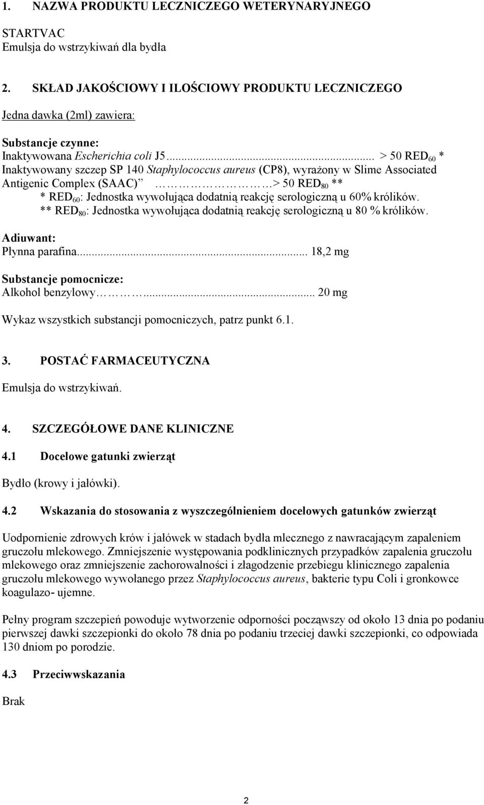 .. > 50 RED 60 * Inaktywowany szczep SP 140 Staphylococcus aureus (CP8), wyrażony w Slime Associated Antigenic Complex (SAAC) > 50 RED 80 ** * RED 60 : Jednostka wywołująca dodatnią reakcję
