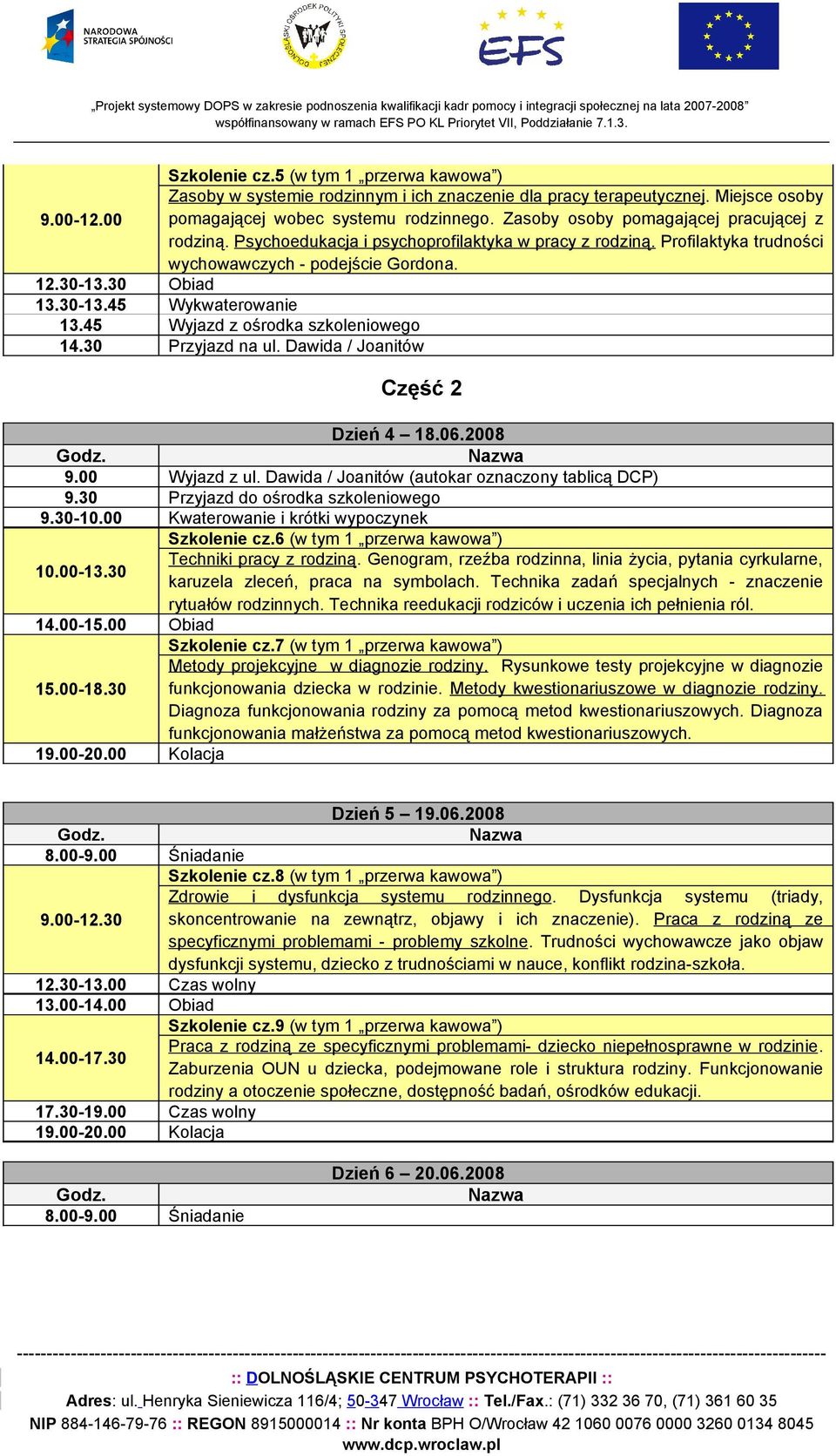 45 Wyjazd z ośrodka szkoleniowego 14.30 Przyjazd na ul. Dawida / Joanitów Część 2 Dzień 4 18.06.2008 9.00 Wyjazd z ul. Dawida / Joanitów (autokar oznaczony tablicą DCP) 9.