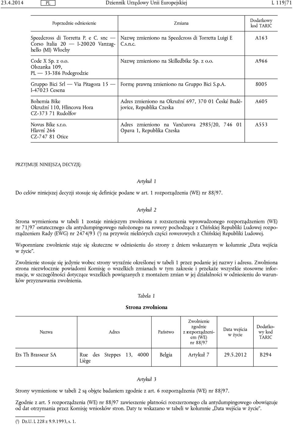 r.o. Hlavní 266 CZ-747 81 Otice Adres zmieniono na Okružní 697, 370 01 České Budějovice, Republika Czeska Adres zmieniono na Vančurova 2985/20, 746 01 Opava 1, Republika Czeska A605 A553 PRZYJMUJE