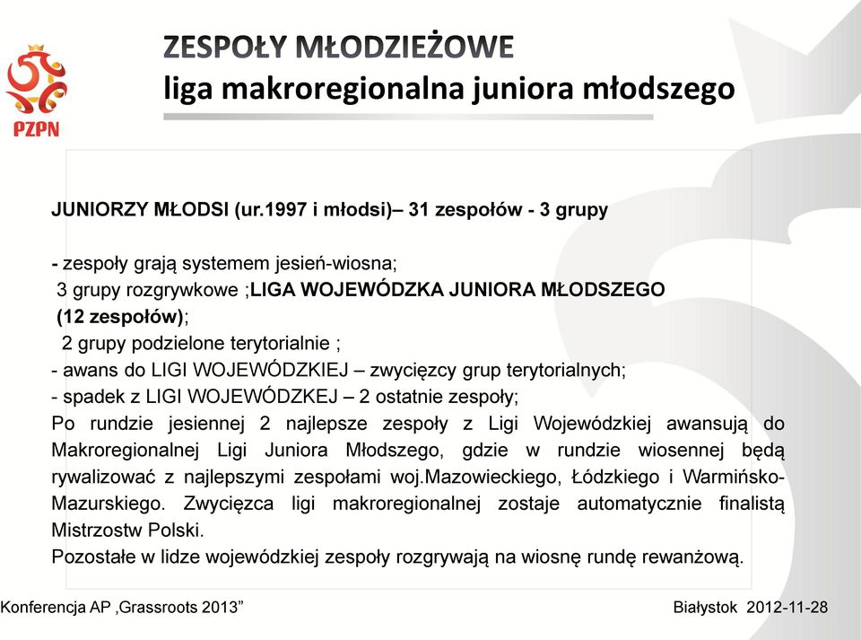 awans do LIGI WOJEWÓDZKIEJ zwycięzcy grup terytorialnych; - spadek z LIGI WOJEWÓDZKEJ 2 ostatnie zespoły; Po rundzie jesiennej 2 najlepsze zespoły z Ligi Wojewódzkiej awansują do