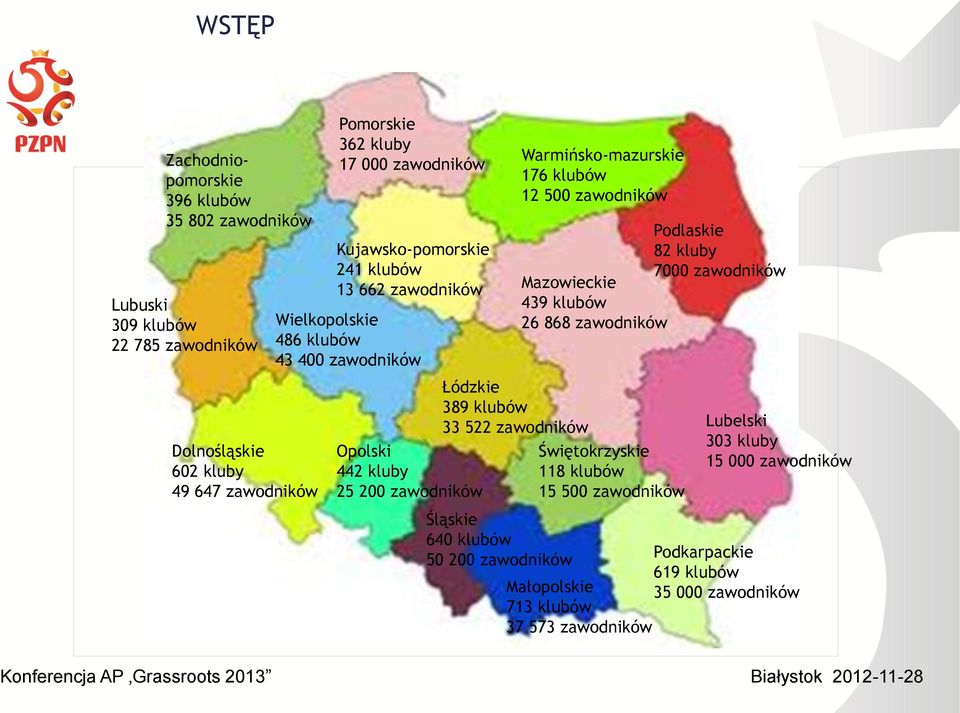 zawodników Śląskie 640 klubów 50 200 zawodników Warmińsko-mazurskie 176 klubów 12 500 zawodników Podlaskie 82 kluby 7000 zawodników Mazowieckie 439 klubów 26 868