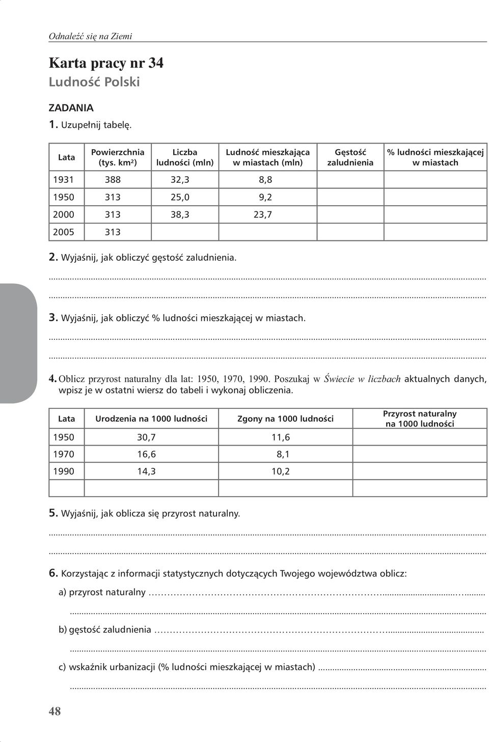 Wyjaśnij, jak obliczyć gęstość zaludnienia. 3. Wyjaśnij, jak obliczyć % ludności mieszkającej w miastach. 4. Oblicz przyrost naturalny dla lat: 1950, 1970, 1990.