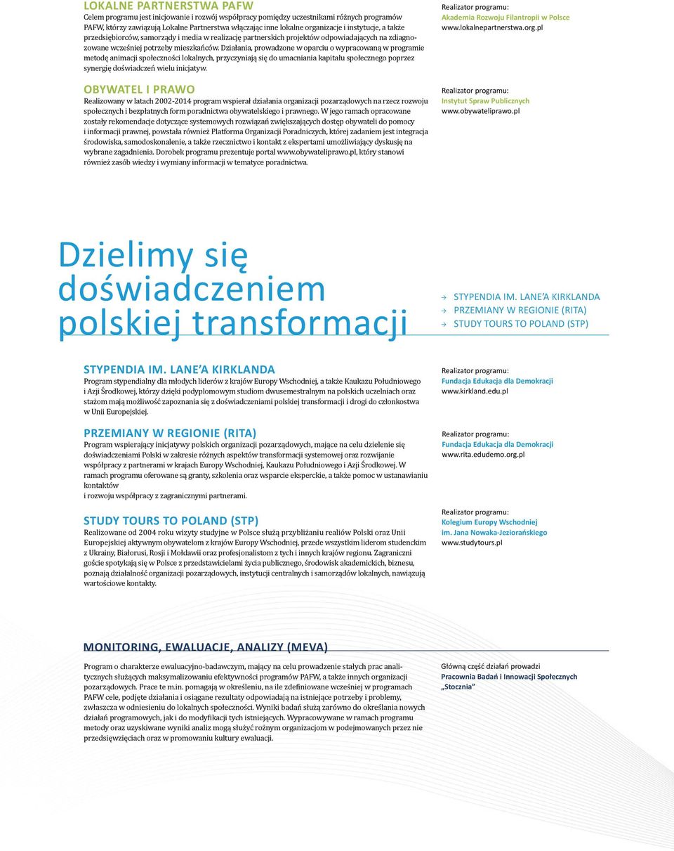 Działania, prowadzone w oparciu o wypracowaną w programie metodę animacji społeczności lokalnych, przyczyniają się do umacniania kapitału społecznego poprzez synergię doświadczeń wielu inicjatyw.