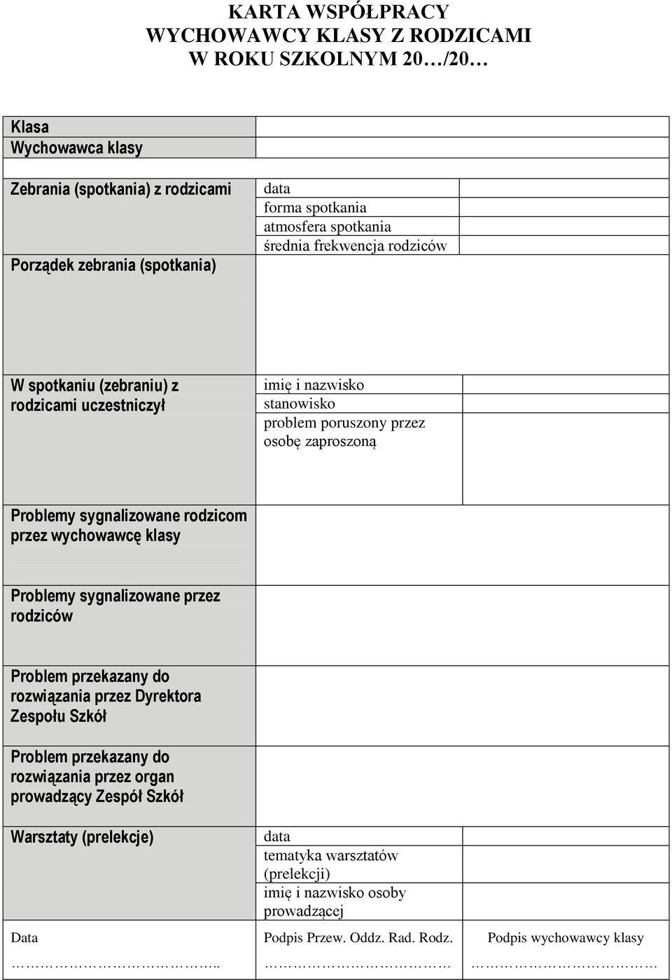 sygnalizowane rodzicom przez wychowawcę klasy Problemy sygnalizowane przez rodziców Problem przekazany do rozwiązania przez Dyrektora Zespołu Szkół Problem przekazany do