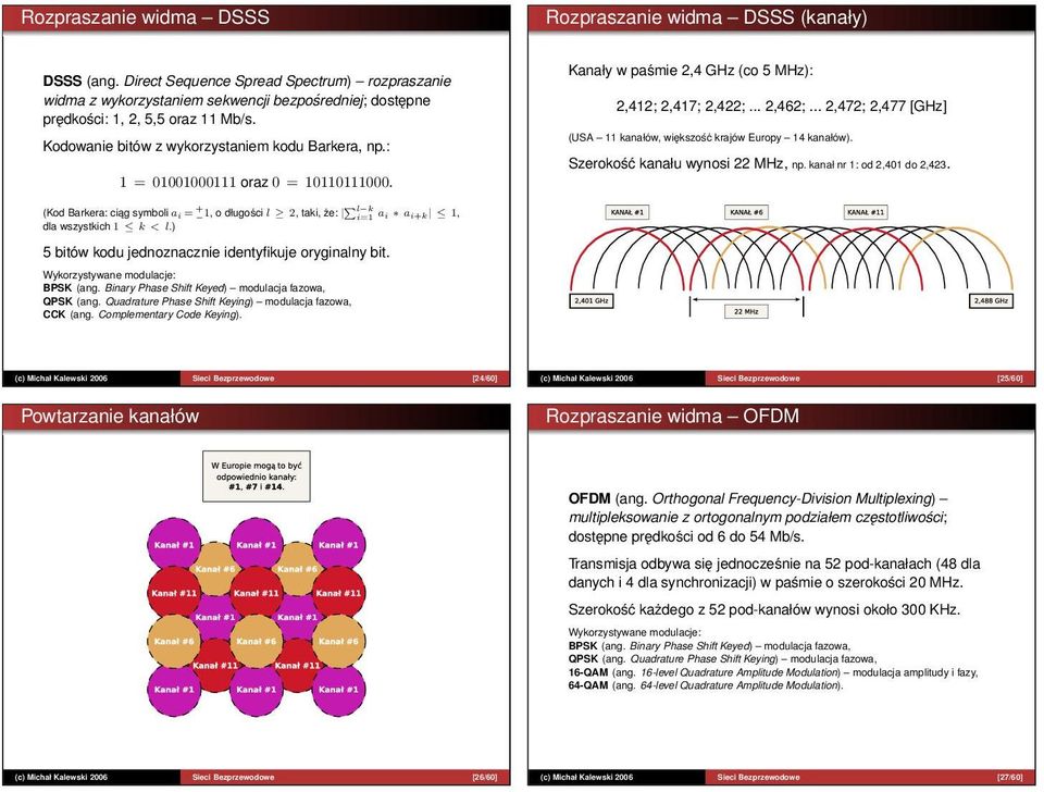 : 1 = 01001000111 oraz 0 = 10110111000. Kanały w paśmie 2,4 GHz (co 5 MHz): 2,412; 2,417; 2,422;... 2,462;... 2,472; 2,477 [GHz] (USA 11 kanałów, większość krajów Europy 14 kanałów).