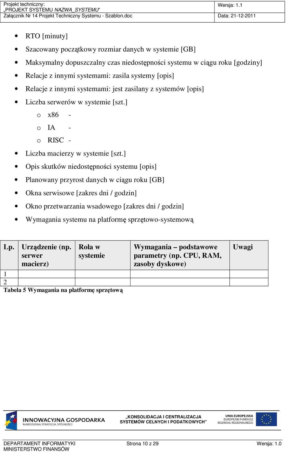 ] Opis skutków niedostępności systemu [opis] Planowany przyrost danych w ciągu roku [GB] Okna serwisowe [zakres dni / godzin] Okno przetwarzania wsadowego [zakres dni / godzin] Wymagania systemu