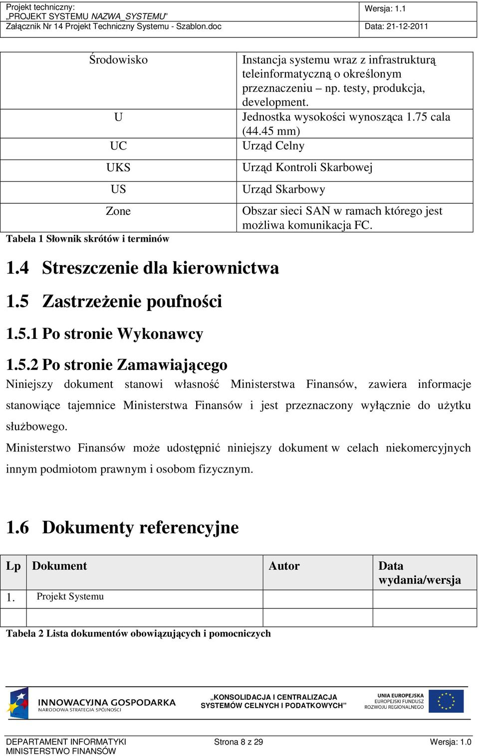 5 Zastrzeżenie poufności 1.5.1 Po stronie Wykonawcy 1.5.2 Po stronie Zamawiającego Niniejszy dokument stanowi własność Ministerstwa Finansów, zawiera informacje stanowiące tajemnice Ministerstwa