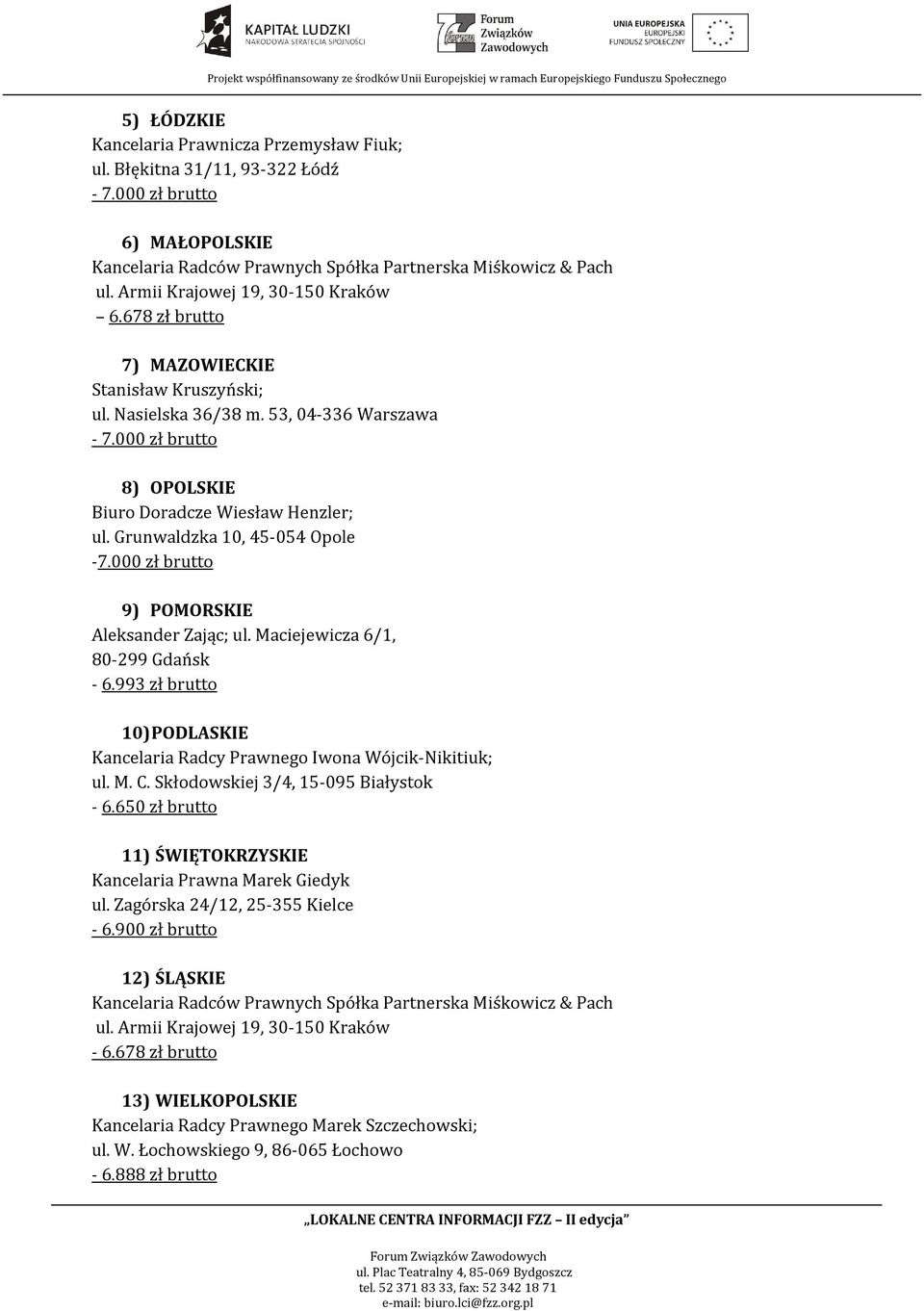 000 zł brutto 9) POMORSKIE Aleksander Zając; ul. Maciejewicza 6/1, 80-299 Gdańsk - 6.993 zł brutto 10) PODLASKIE Kancelaria Radcy Prawnego Iwona Wójcik-Nikitiuk; ul. M. C.