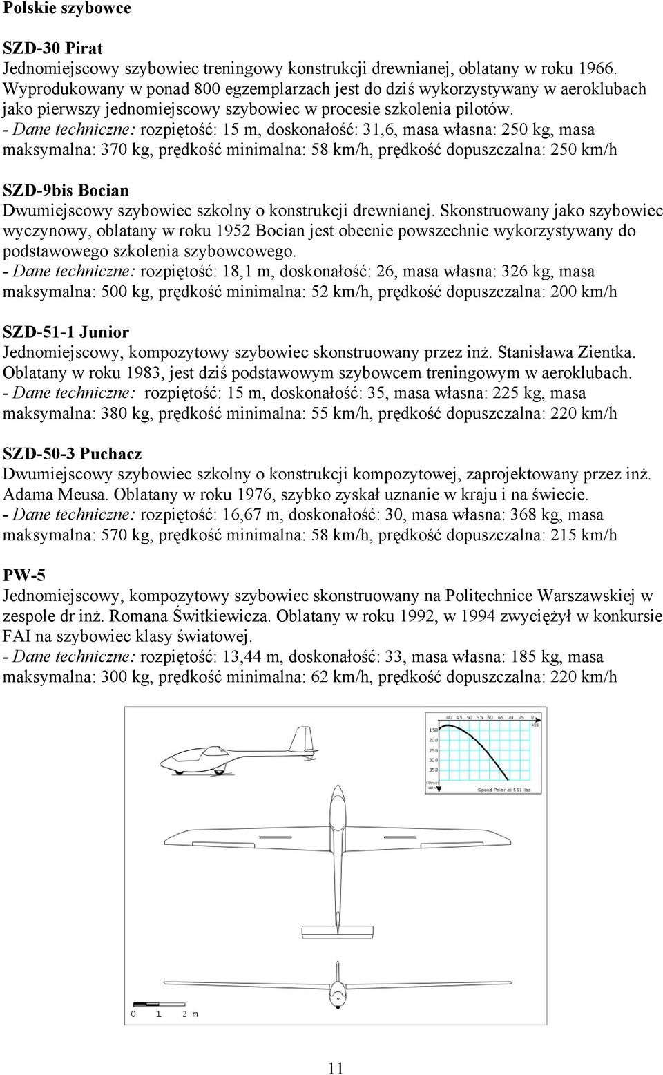 - Dane techniczne: rozpiętość: 15 m, doskonałość: 31,6, masa własna: 250 kg, masa maksymalna: 370 kg, prędkość minimalna: 58 km/h, prędkość dopuszczalna: 250 km/h SZD-9bis Bocian Dwumiejscowy