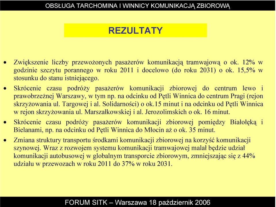 Solidarności) o ok.15 minut i na odcinku od Pętli Winnica w rejon skrzyŝowania ul. Marszałkowskiej i al. Jerozolimskich o ok. 16 minut.