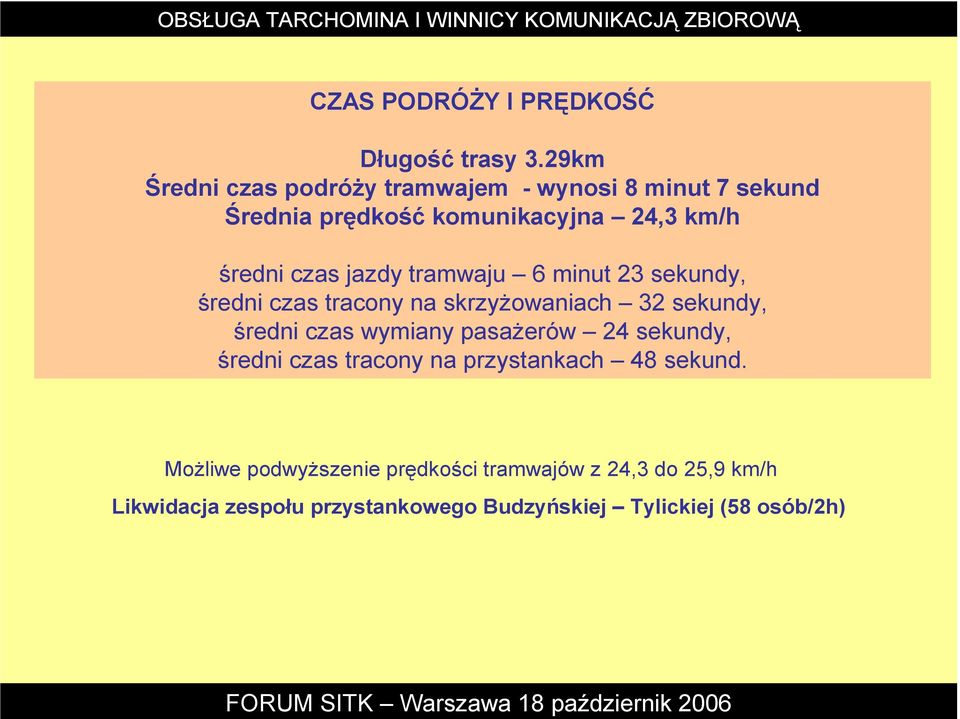 jazdy tramwaju 6 minut 23 sekundy, średni czas tracony na skrzyŝowaniach 32 sekundy, średni czas wymiany pasaŝerów