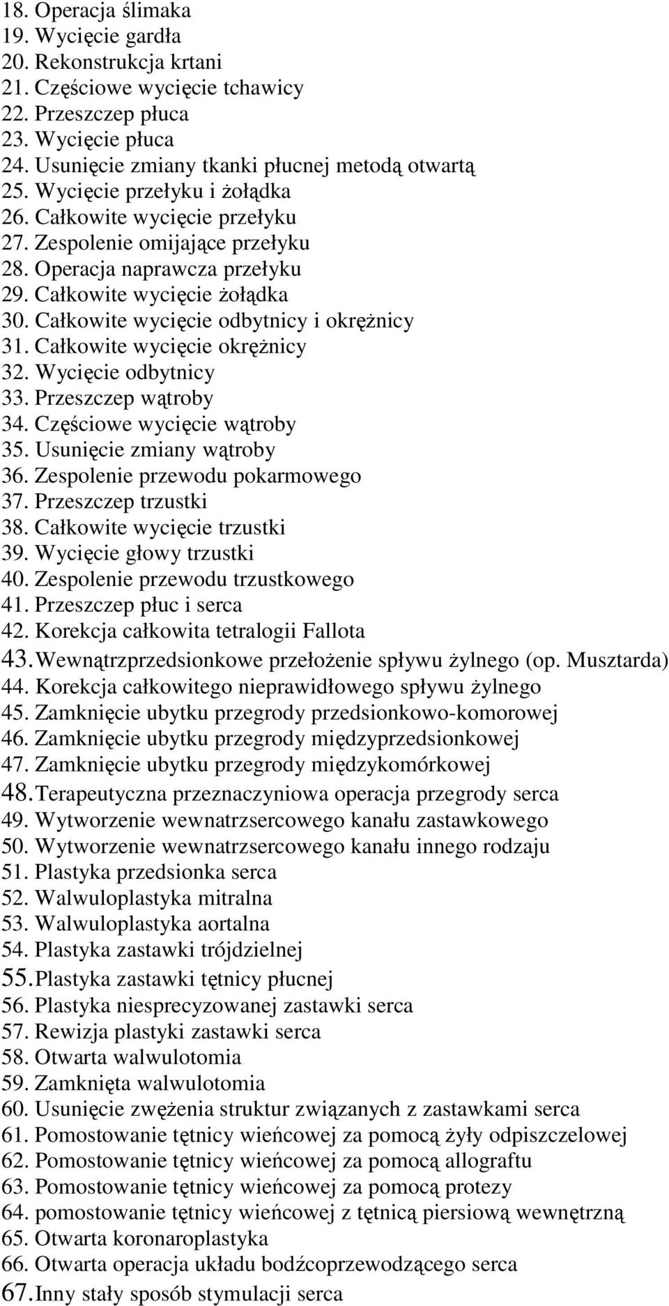 Całkowite wycięcie odbytnicy i okręŝnicy 31. Całkowite wycięcie okręŝnicy 32. Wycięcie odbytnicy 33. Przeszczep wątroby 34. Częściowe wycięcie wątroby 35. Usunięcie zmiany wątroby 36.