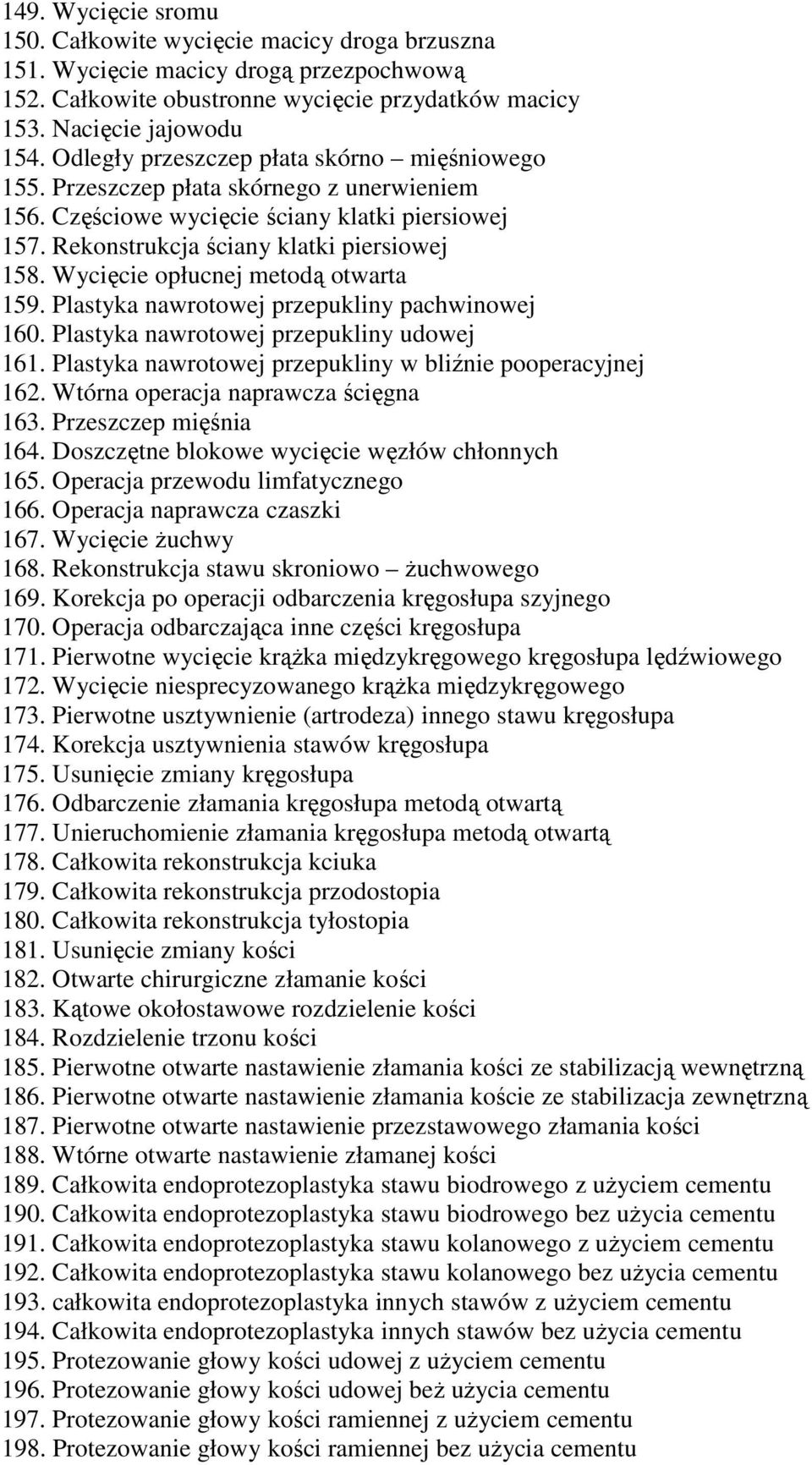 Wycięcie opłucnej metodą otwarta 159. Plastyka nawrotowej przepukliny pachwinowej 160. Plastyka nawrotowej przepukliny udowej 161. Plastyka nawrotowej przepukliny w bliźnie pooperacyjnej 162.