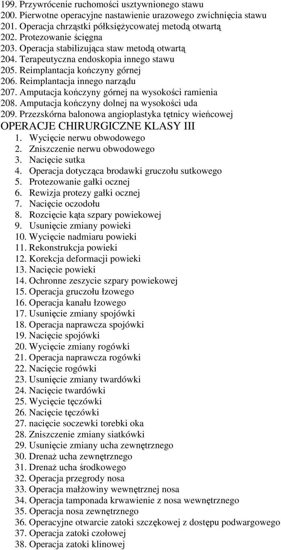 Amputacja kończyny górnej na wysokości ramienia 208. Amputacja kończyny dolnej na wysokości uda 209. Przezskórna balonowa angioplastyka tętnicy wieńcowej OPERACJE CHIRURGICZNE KLASY III 1.