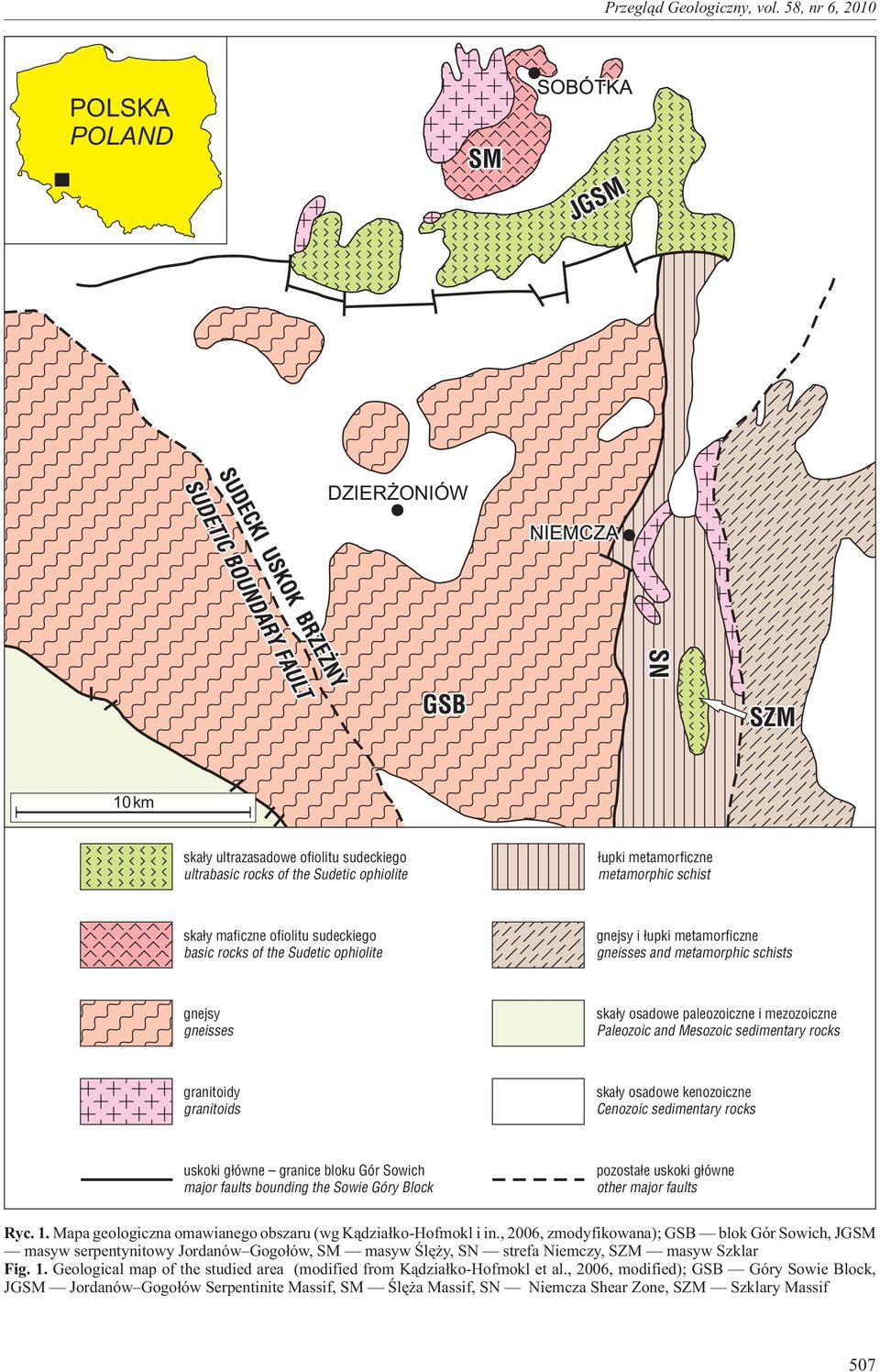 granitoids ska³y osadowe kenozoiczne Cenozoic sedimentary rocks uskoki g³ówne granice bloku Gór Sowich major faults bounding the Sowie Góry Block pozosta³e uskoki g³ówne other major faults Ryc. 1.