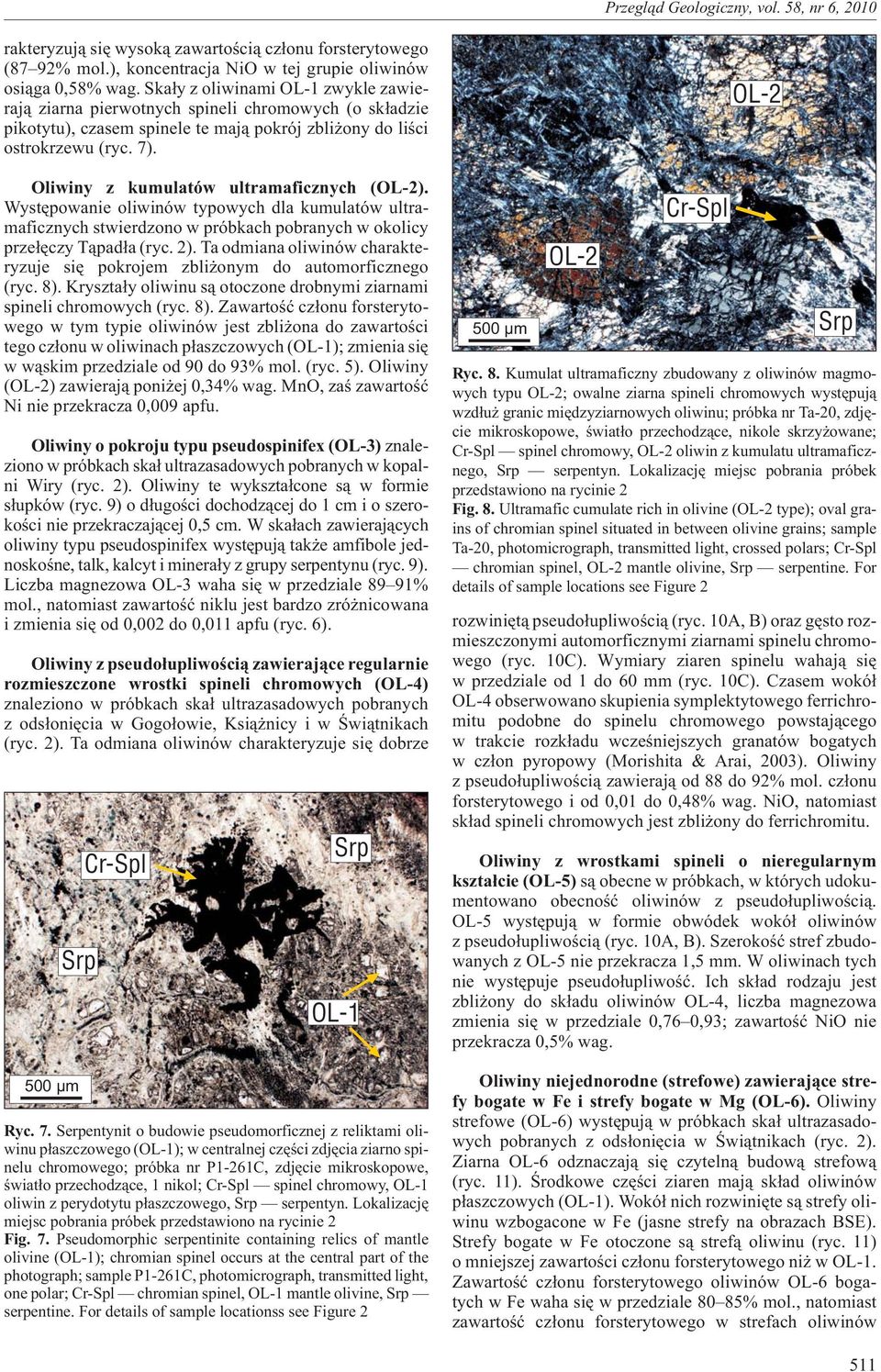 Oliwiny z kumulatów ultramaficznych (OL-2). Wystêpowanie oliwinów typowych dla kumulatów ultramaficznych stwierdzono w próbkach pobranych w okolicy prze³êczy T¹pad³a (ryc. 2).