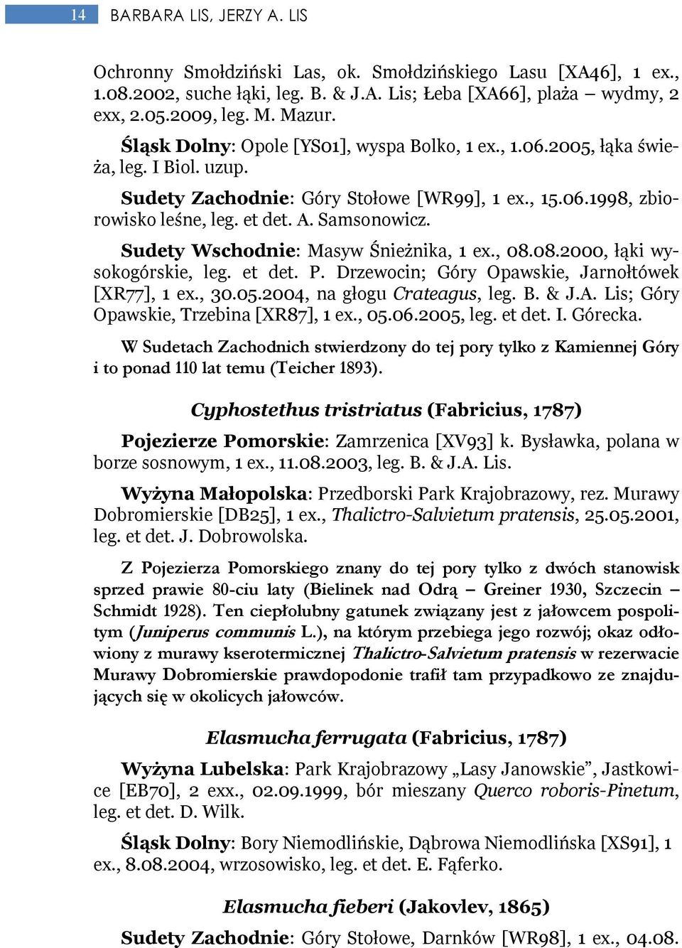 Sudety Wschodnie: Masyw Śnieżnika, 1 ex., 08.08.2000, łąki wysokogórskie, leg. et det. P. Drzewocin; Góry Opawskie, Jarnołtówek [XR77], 1 ex., 30.05.2004, na głogu Crateagus, leg. B. & J.A.