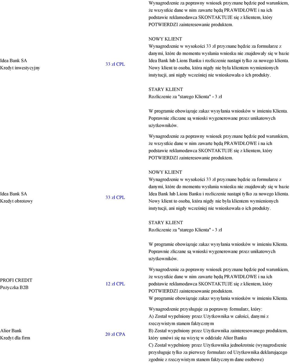 STARY KLIENT Rozliczenie za "starego Klienta" - 3 zł Idea Bank SA Kredyt obrotowy 33 zł CPL NOWY KLIENT Wynagrodzenie w wysokości 33 zł przyznane będzie za formularze z danymi, które do momentu