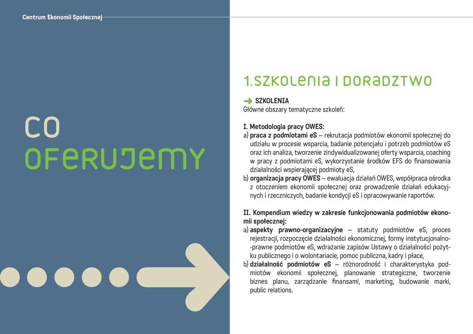 zindywidualizowanej oferty wsparcia, coaching w pracy z podmiotami es, wykorzystanie środków EFS do finansowania działalności wspierającej podmioty es, b) organizacja pracy OWES ewaluacja działań