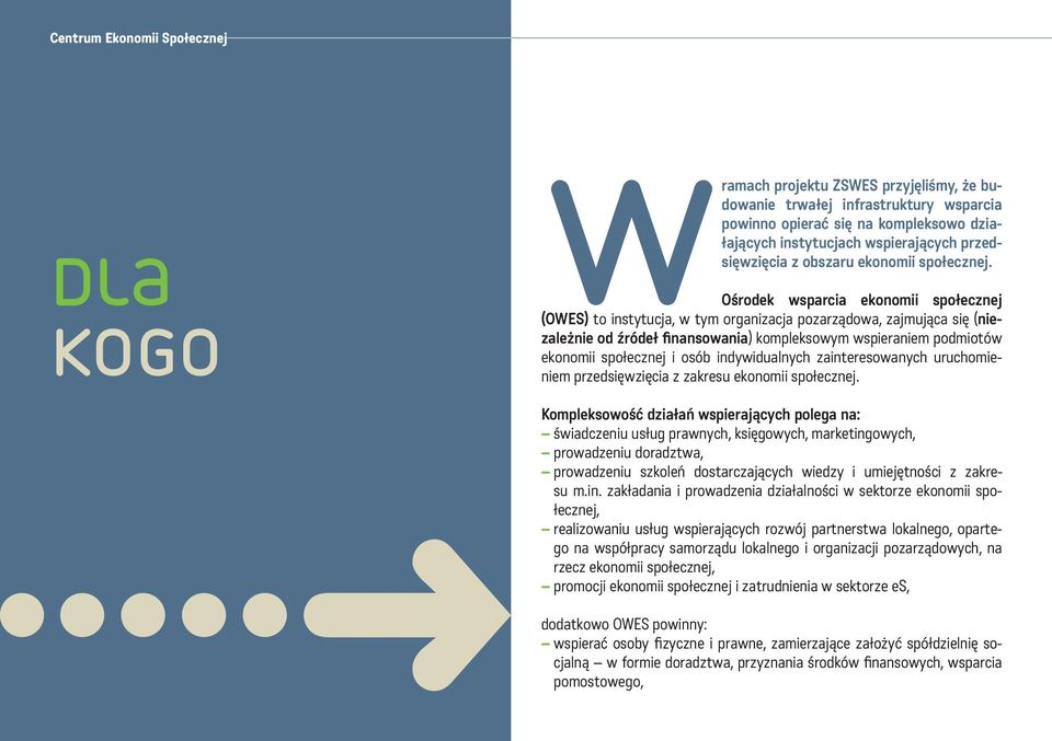 Ośrodek wsparcia ekonomii społecznej (OWES) to instytucja, w tym organizacja pozarządowa, zajmująca się (niezależnie od źródeł finansowania) kompleksowym wspieraniem podmiotów ekonomii społecznej i