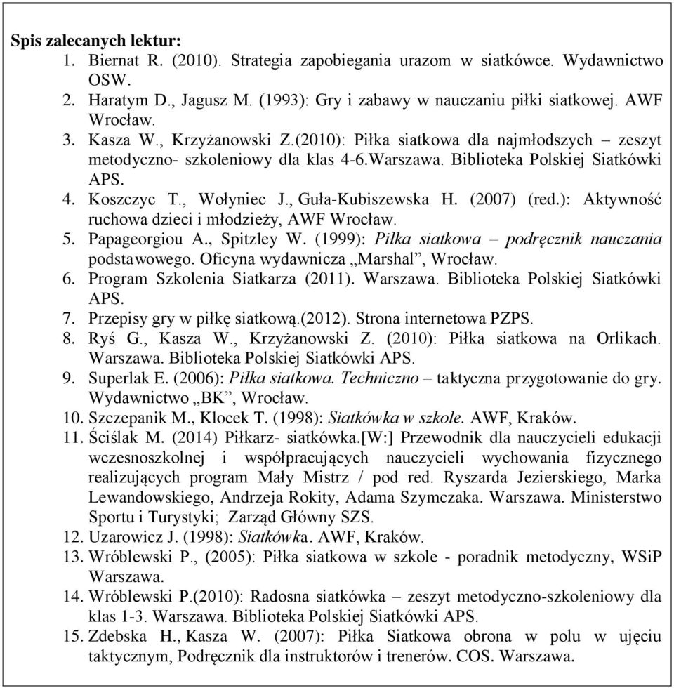 , Guła-Kubiszewska H. (2007) (red.): Aktywność ruchowa dzieci i młodzieży, AWF Wrocław. 5. Papageorgiou A., Spitzley W. (1999): Piłka siatkowa podręcznik nauczania podstawowego.