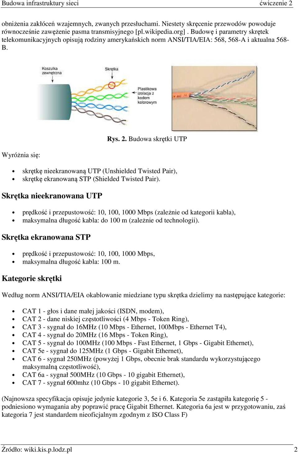 Budowa skrętki UTP skrętkę nieekranowaną UTP (Unshielded Twisted Pair), skrętkę ekranowaną STP (Shielded Twisted Pair).