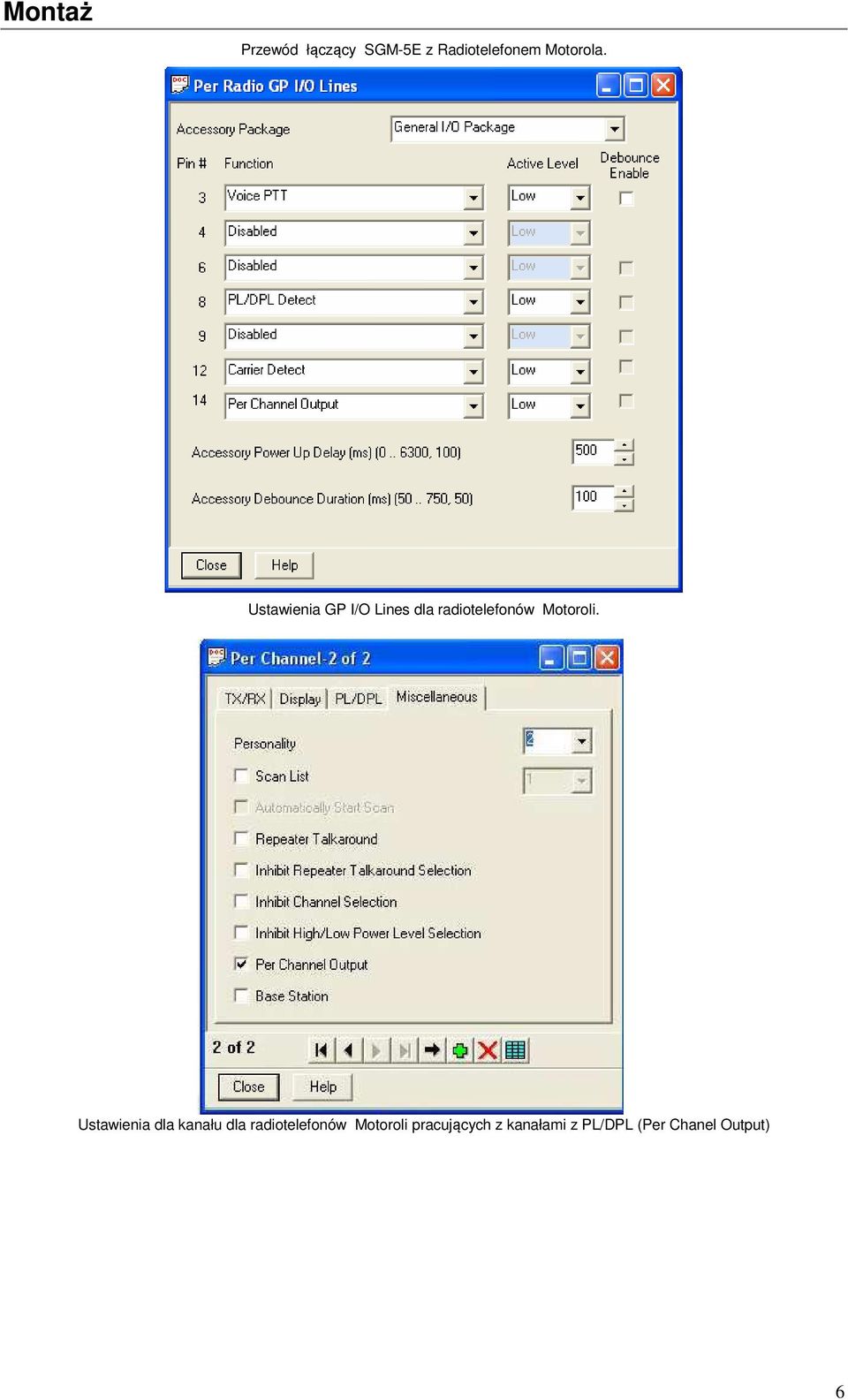 Ustawienia GP I/O Lines dla radiotelefonów Motoroli.