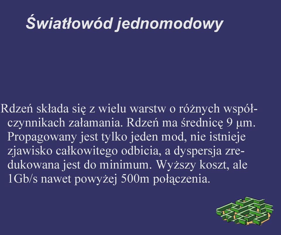 Propagowany jest tylko jeden mod, nie istnieje zjawisko całkowitego